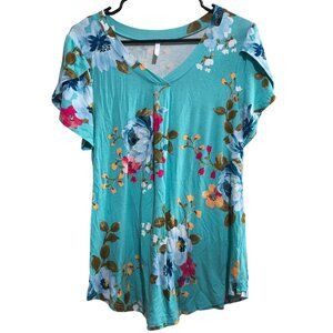 Bestbee Size Medium Teal Blue Floral Short Sleeve Top